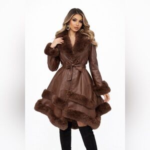 Penny Lane Brown New Vegan Leather Tiered Faux Fur Trim Belted Longline Coat XL‎